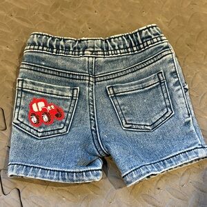 Okie Dokie Blue Denim Shorts with Red Farm Tractor Patch
